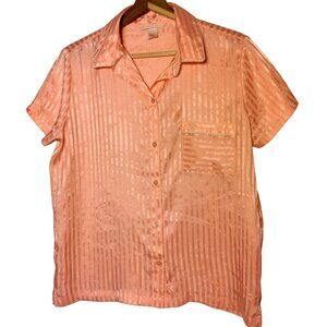Victorias Secret Pajama Top Shirt S Pink Satin Stripe Short Sleeve Shimmer READ